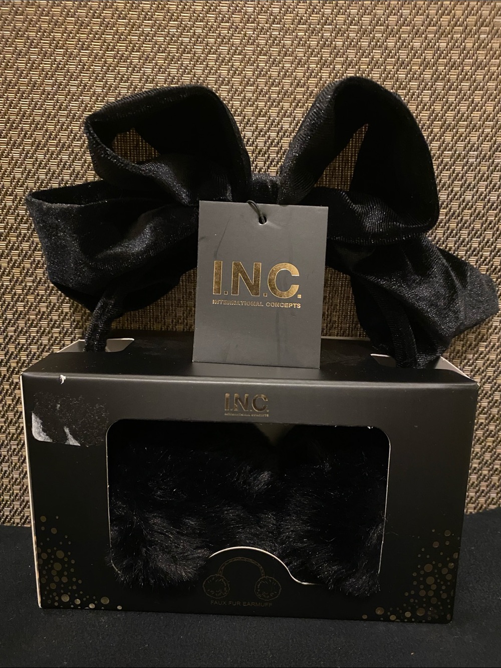 INC International Concepts Black Faux Fur Ear Muffs with Bow Headband